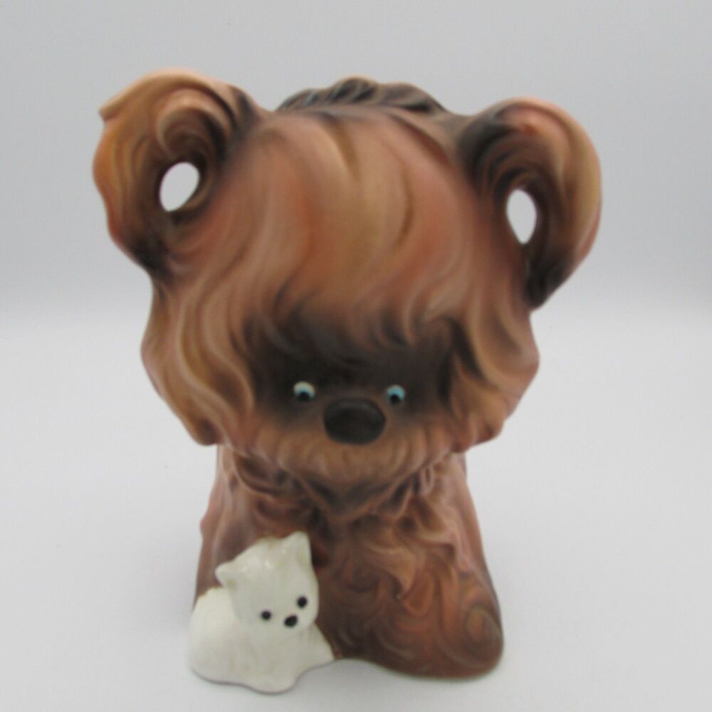 Vintage Inarco Sad Eyed Shaggy Puppy Dog Planter E2220 Brown White MCM Shih Tzu